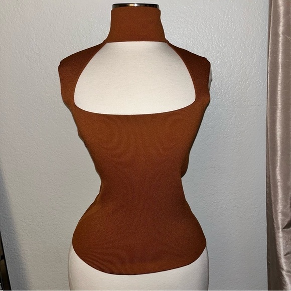 NEW ZARA Burnt Dark Orange Cut Out Choker Turtleneck Top Stretch Blouse - Picture 4 of 13